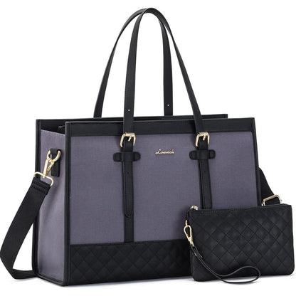 Laptoptasche Damen Leder Canvas 15,6 Zoll Arbeitstasche Grau Schwarz