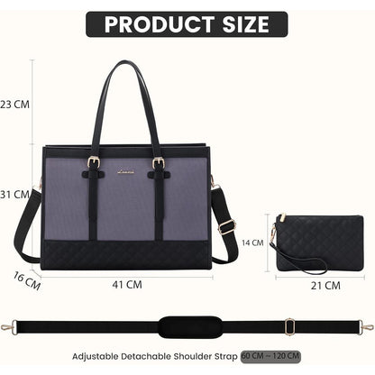 Laptoptasche Damen Leder Canvas 15,6 Zoll Arbeitstasche Grau Schwarz