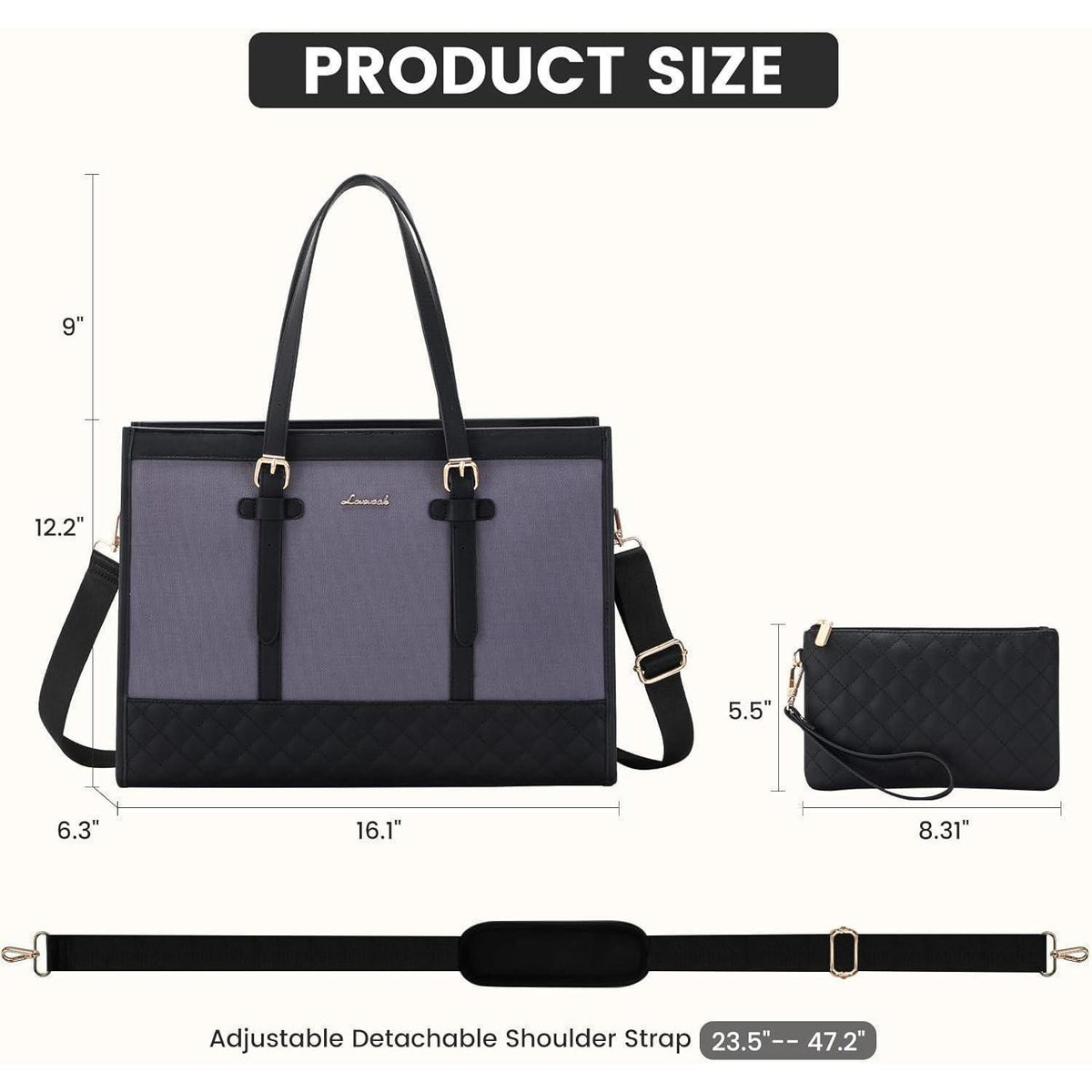 Laptoptasche Damen Leder Canvas 15,6 Zoll Arbeitstasche Grau Schwarz