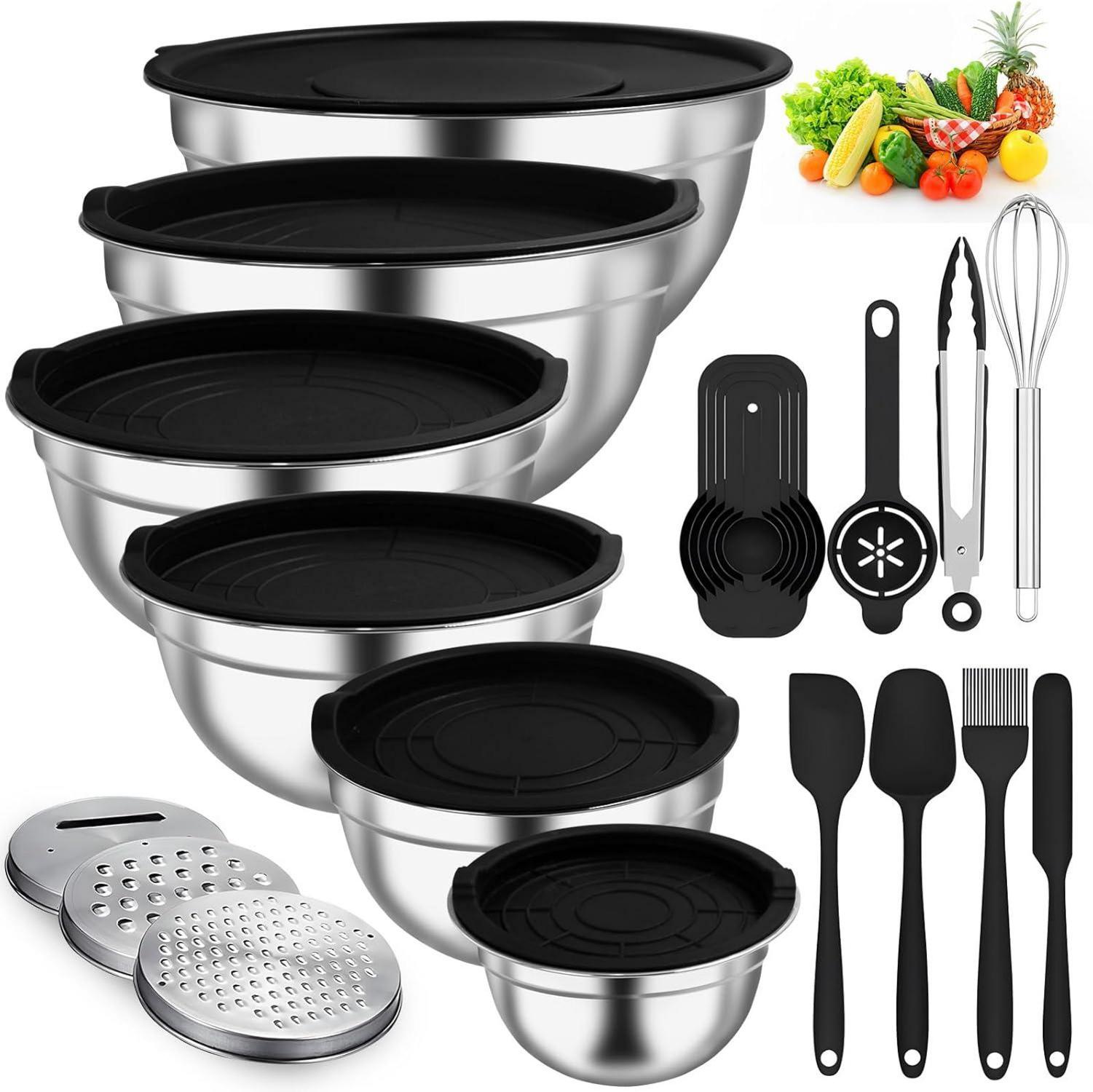 Edelstahl Salatschüssel Set mit Silikonböden & Deckel