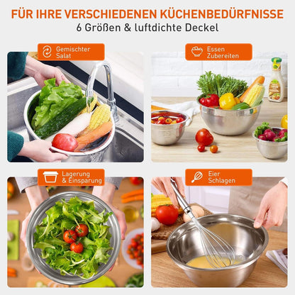 Edelstahl Salatschüssel mit Deckel - Rührschüssel 6er