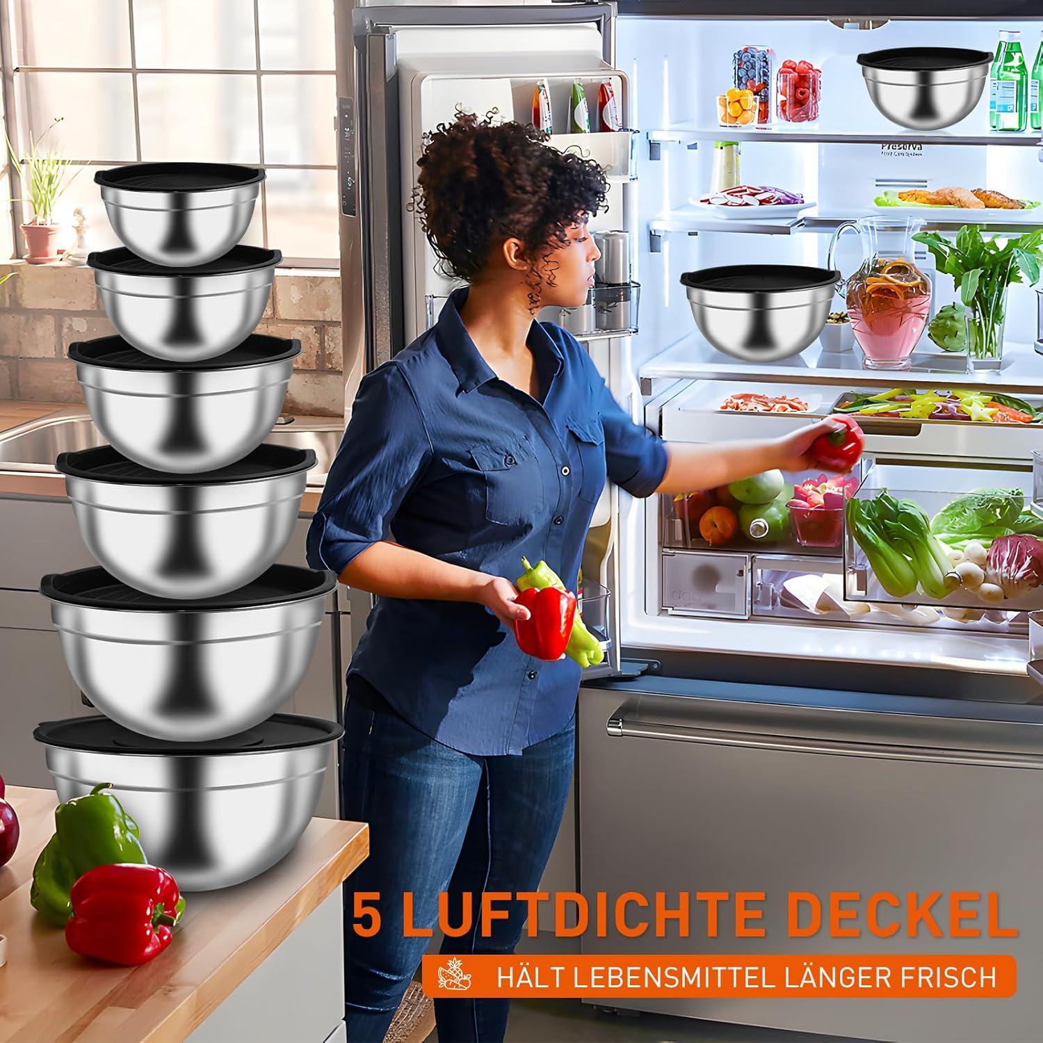 Edelstahl Salatschüsseln Set 6er mit Deckel, Rührschüsseln