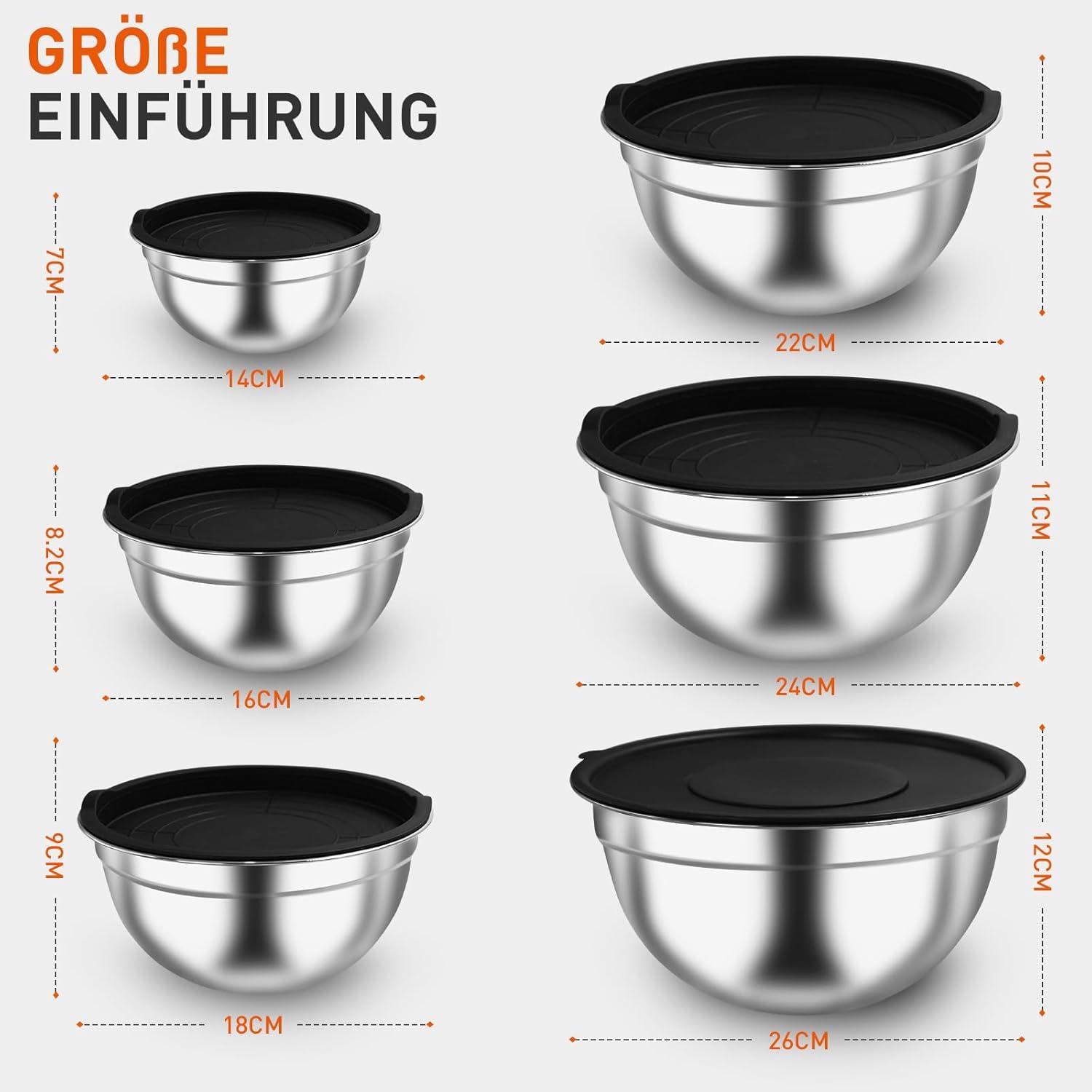 Edelstahl Salatschüssel mit Deckel Rührschüssel Set 6er 4.7L 3.8L 2.8L