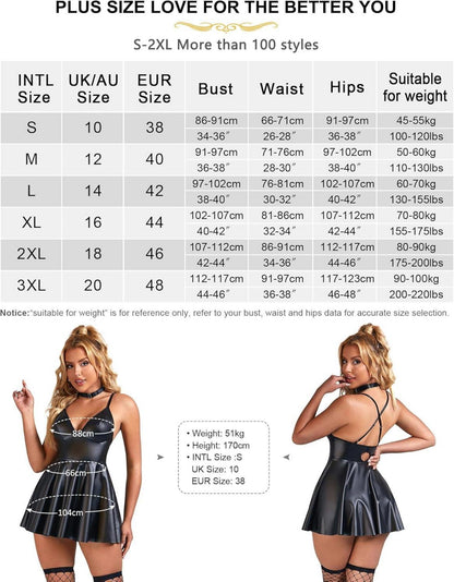 Sexy Lederkleid Damen Schwarz Große Größen A-Linie Wetlook V-Ausschnitt