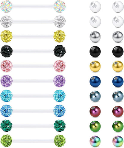 Zungenpiercing Kunststoff Klar Bioflex 12-38mm Brustwarzenstäbe 14g