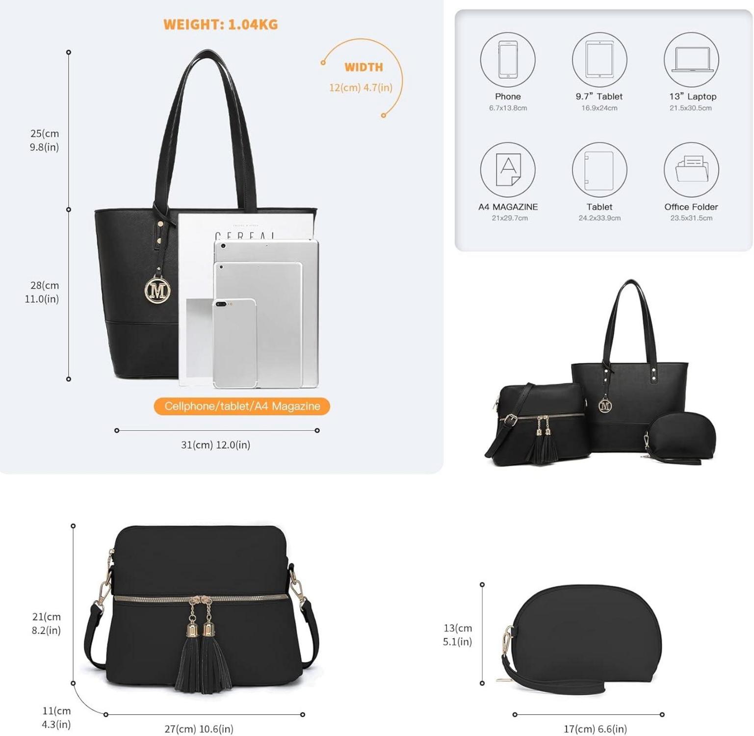 Miss Lulu Damen Handtasche 3-teiliges Set Tote Bag Umhängetasche mit Geldbörse