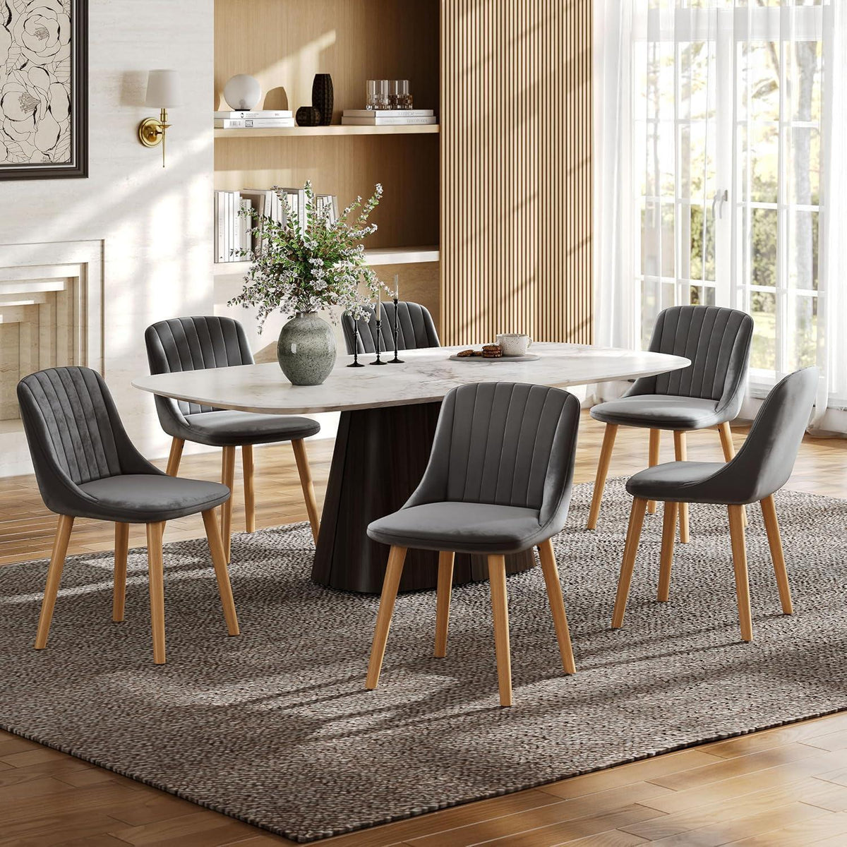 Samt Esszimmerstühle Set Dunkelgrau mit Holzbeinen