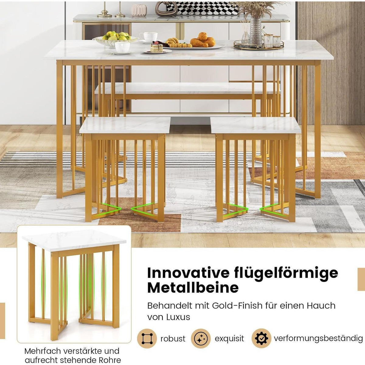 Esszimmer Set 4-teilig mit Marmoroptik & Barhockern