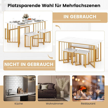 Esszimmer Set 4-teilig mit Marmoroptik & Barhockern