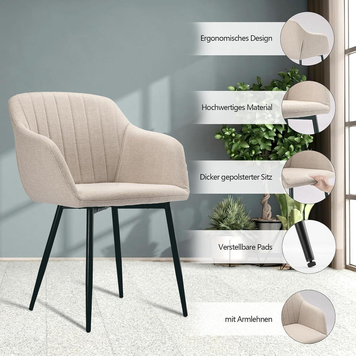 Esszimmerstühle Beige 4er Set mit Armlehne, Polsterstuhl
