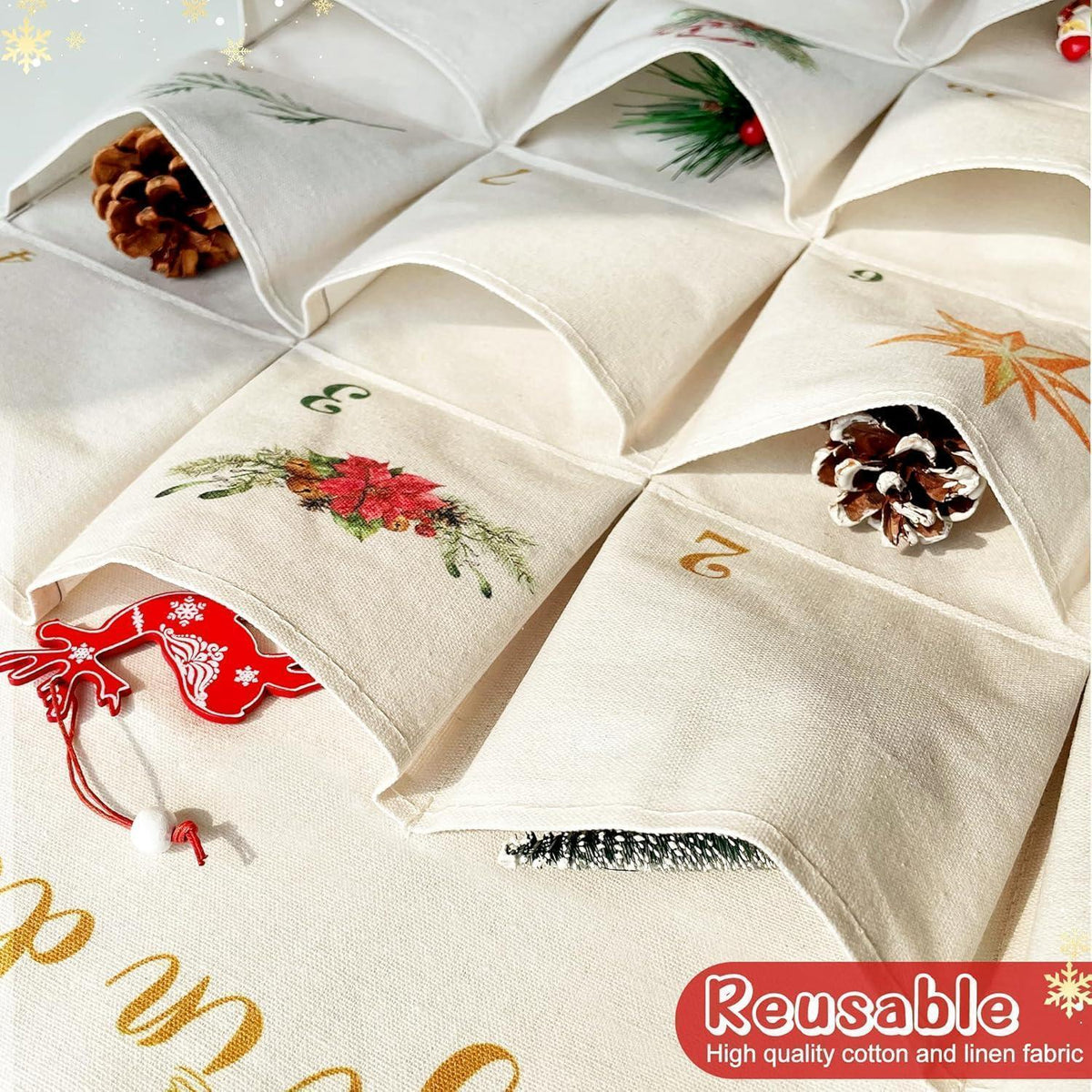 Adventskalender Stoff zum Aufhängen, 24 Fächer, Beige
