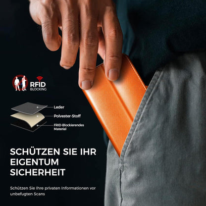 iPhone 15 Handyhülle mit RFID Schutz und Standfunktion Orange