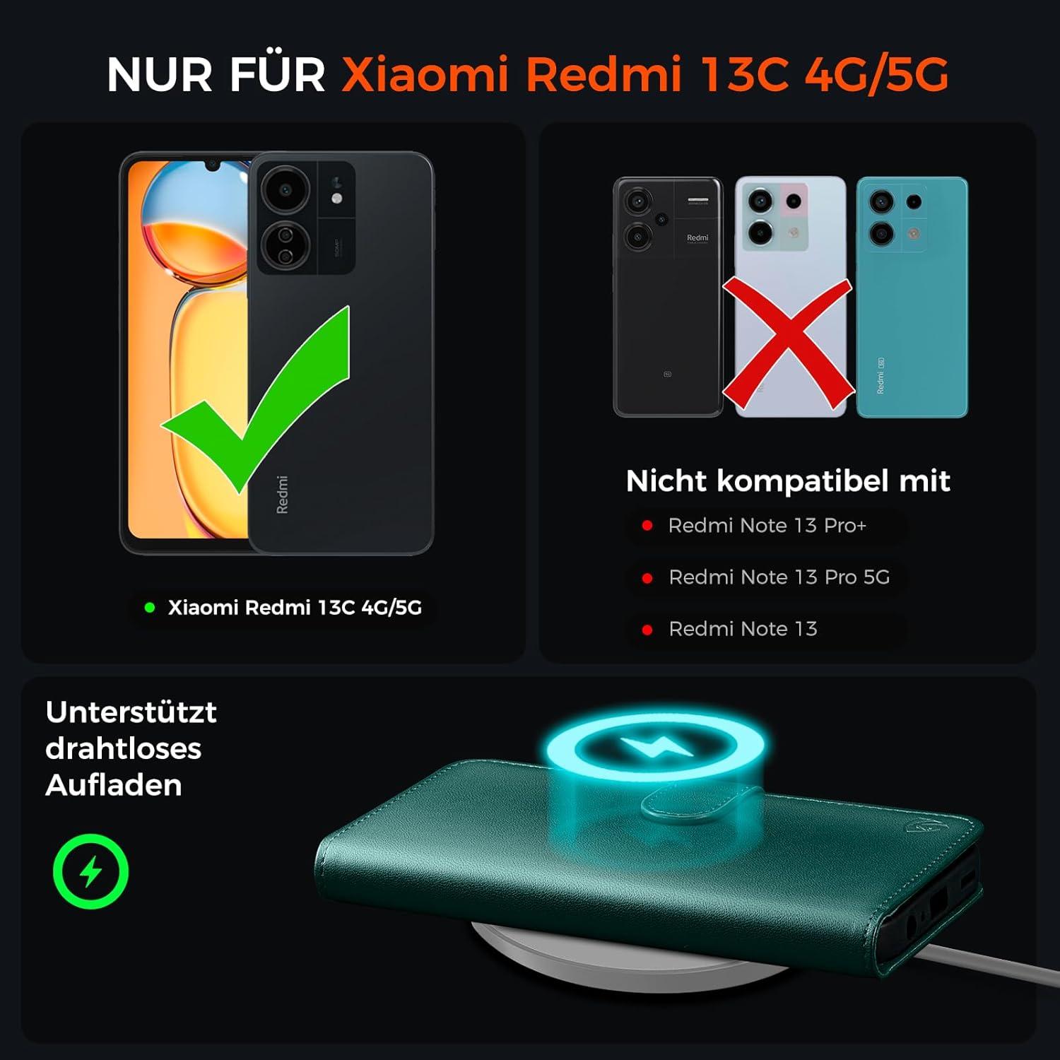 EASDNB Handyhülle Xiaomi Redmi 13C Leder Klapphülle grün