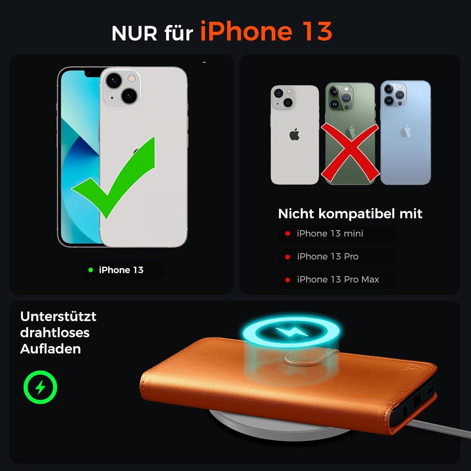 EASDNB iPhone 13 Klapphülle Lederhülle Schutz Glas Kartenfächer Orange