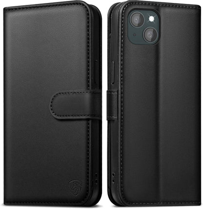 Schwarze iPhone 14 Lederhülle mit Panzerschutzglas & RFID Blocker
