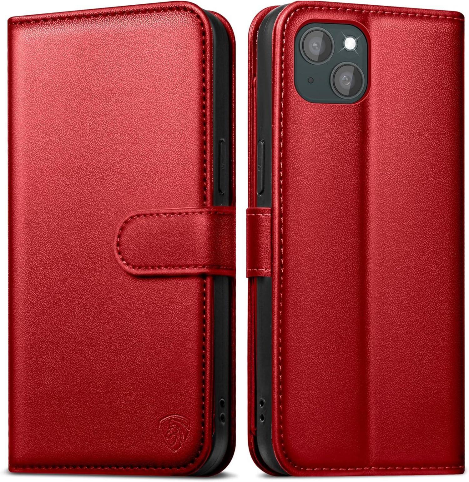 iPhone 14 Klapphülle mit Kartenfächern und RFID-Schutz in Rot