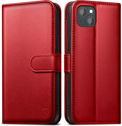 iPhone 14 Klapphülle mit Kartenfächern und RFID-Schutz in Rot