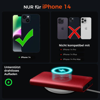 Handyhülle für iPhone 14 Klapphülle Panzer Schutz Glas RFID Blocker Rot