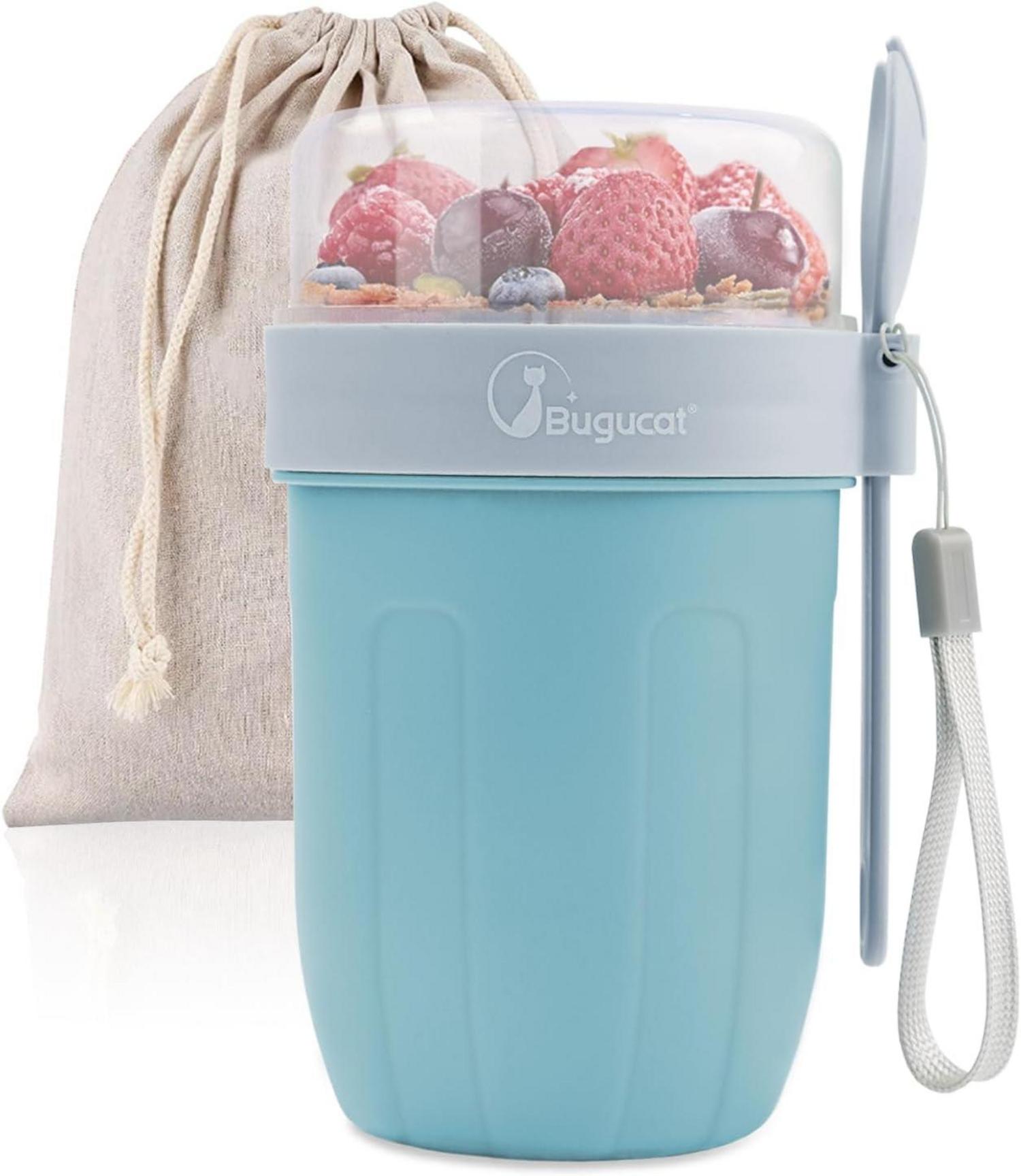 Müslibecher to Go 660ML+260ML 2in1 Joghurtbecher Löffel Tasche Blau