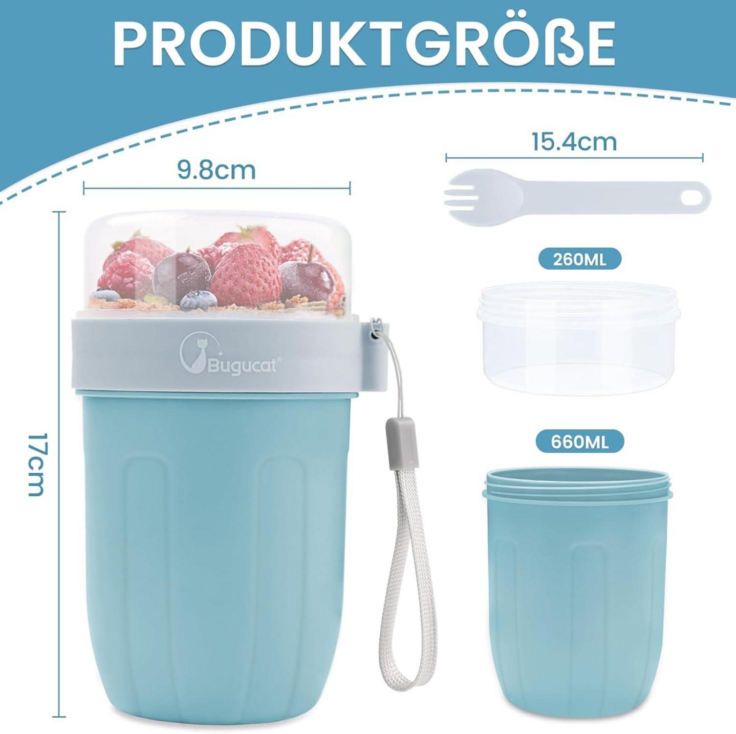 Bugucat Müslibecher to Go 660ml 2in1 Joghurtbecher Müsli Cup
