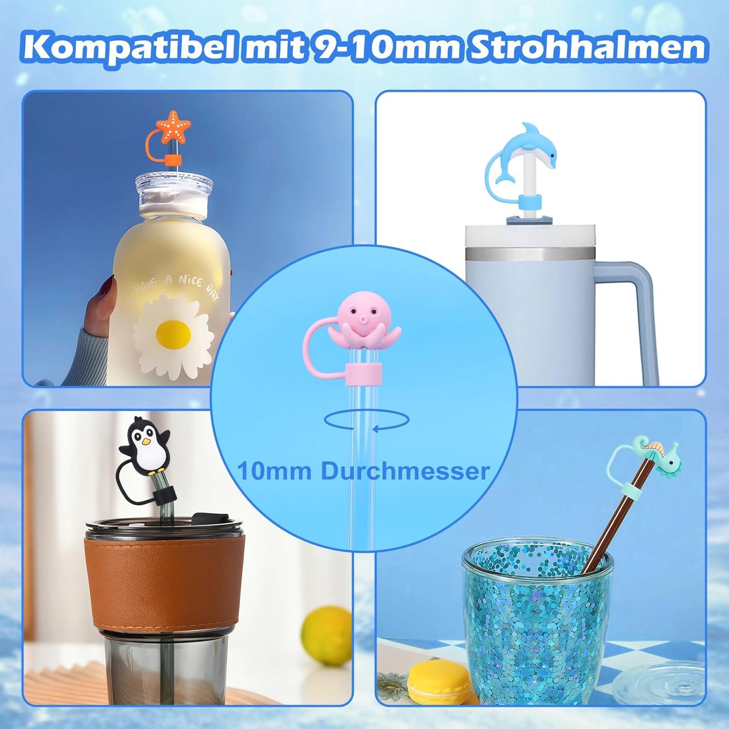Strohhalm Abdeckung für Stanley Cup 10mm Silikon Meerestiere 8Stk