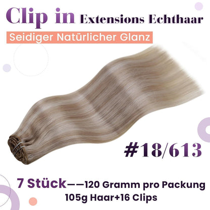 Clip-in Echthaar Extensions Aschblond Highlight 45cm