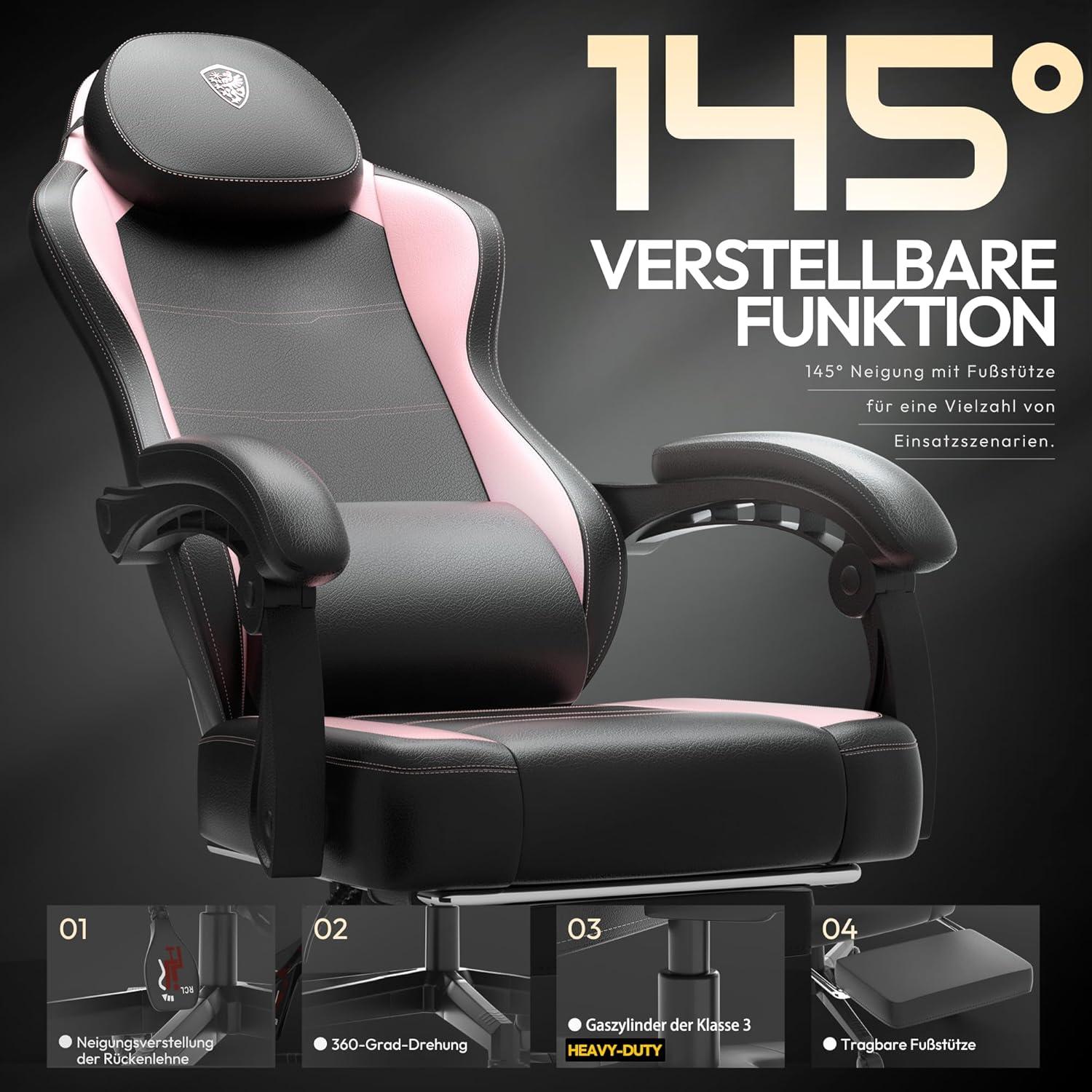 Dowinx Ergonomischer Gaming Stuhl mit Lendenwirbelstütze 150KG Rosa
