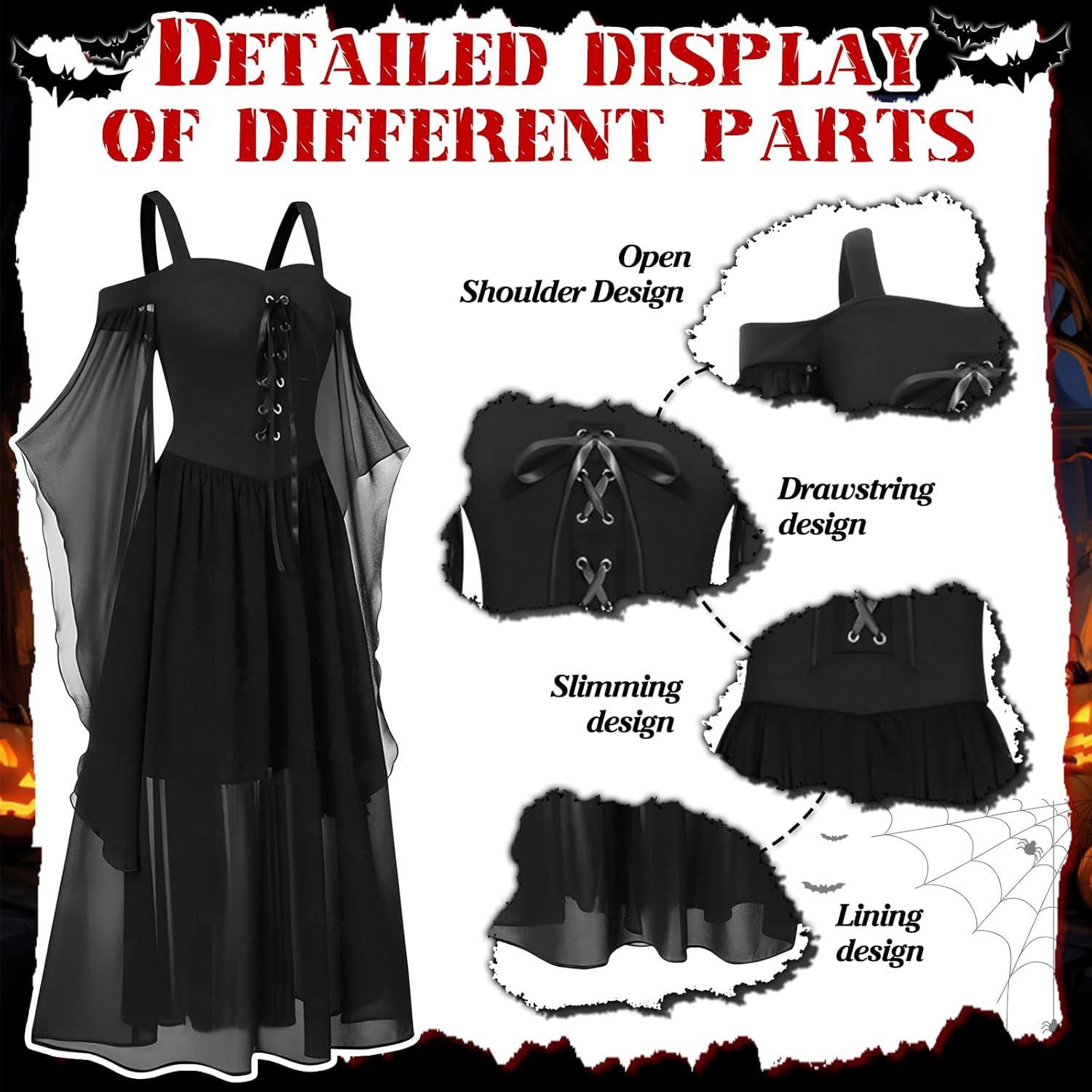 Gothic Halloween Damen Kleid Kostüm Mittelalter Schwarz Trompetenärmel