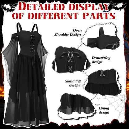 Gothic Halloween Damen Kleid Kostüm Mittelalter Schwarz Trompetenärmel