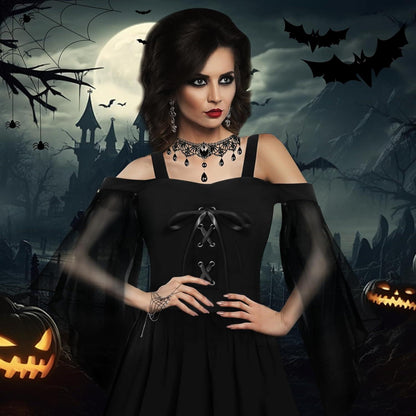 Halloween Gothic Kleid Damen Mittelalter Trompetenärmel Schwarz Hexe