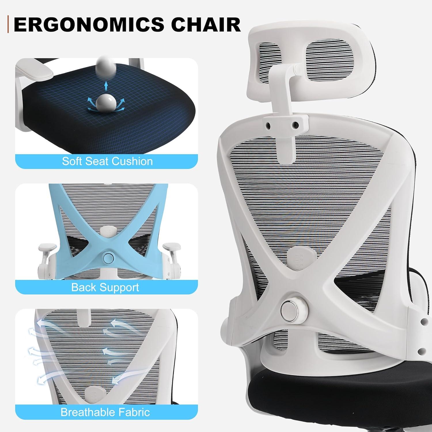 Ergonomischer Bürostuhl mit Kopfstütze und Lendenwirbelstütze, Mesh