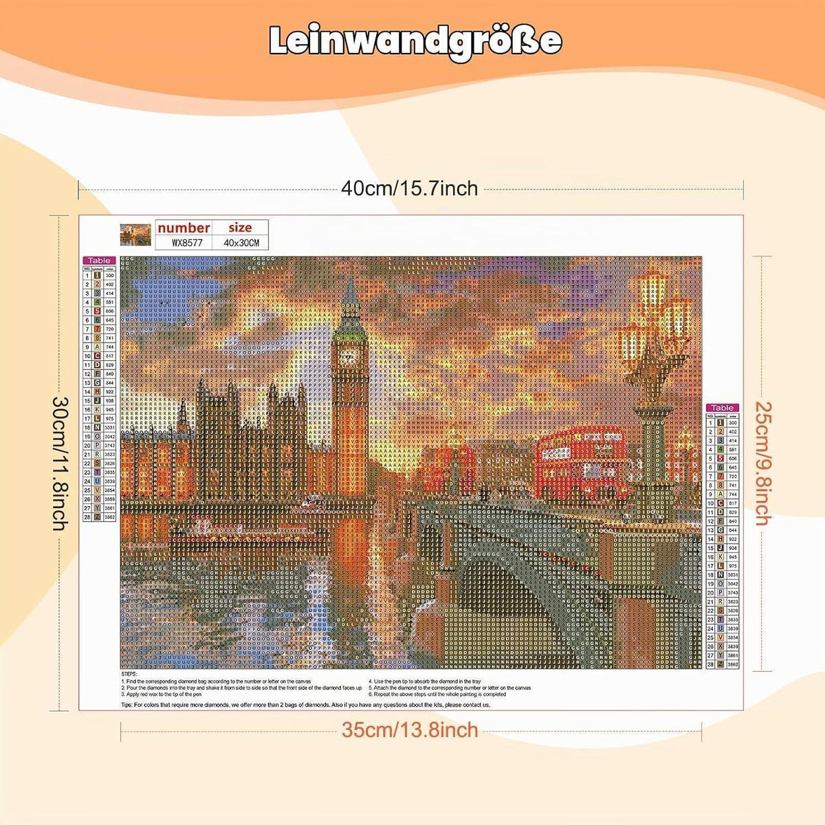 Diamant Painting Abendrot in Westminster, 5D London Motiv