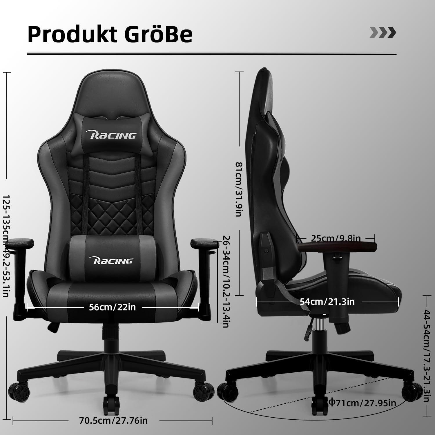 Gaming Stuhl mit Wippfunktion 170°, verstellbares Lendenkissen
