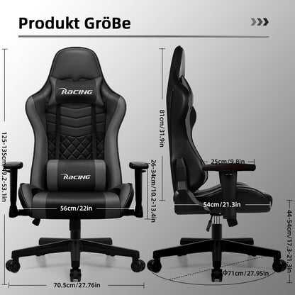 Gaming Stuhl mit Wippfunktion 170°, verstellbares Lendenkissen