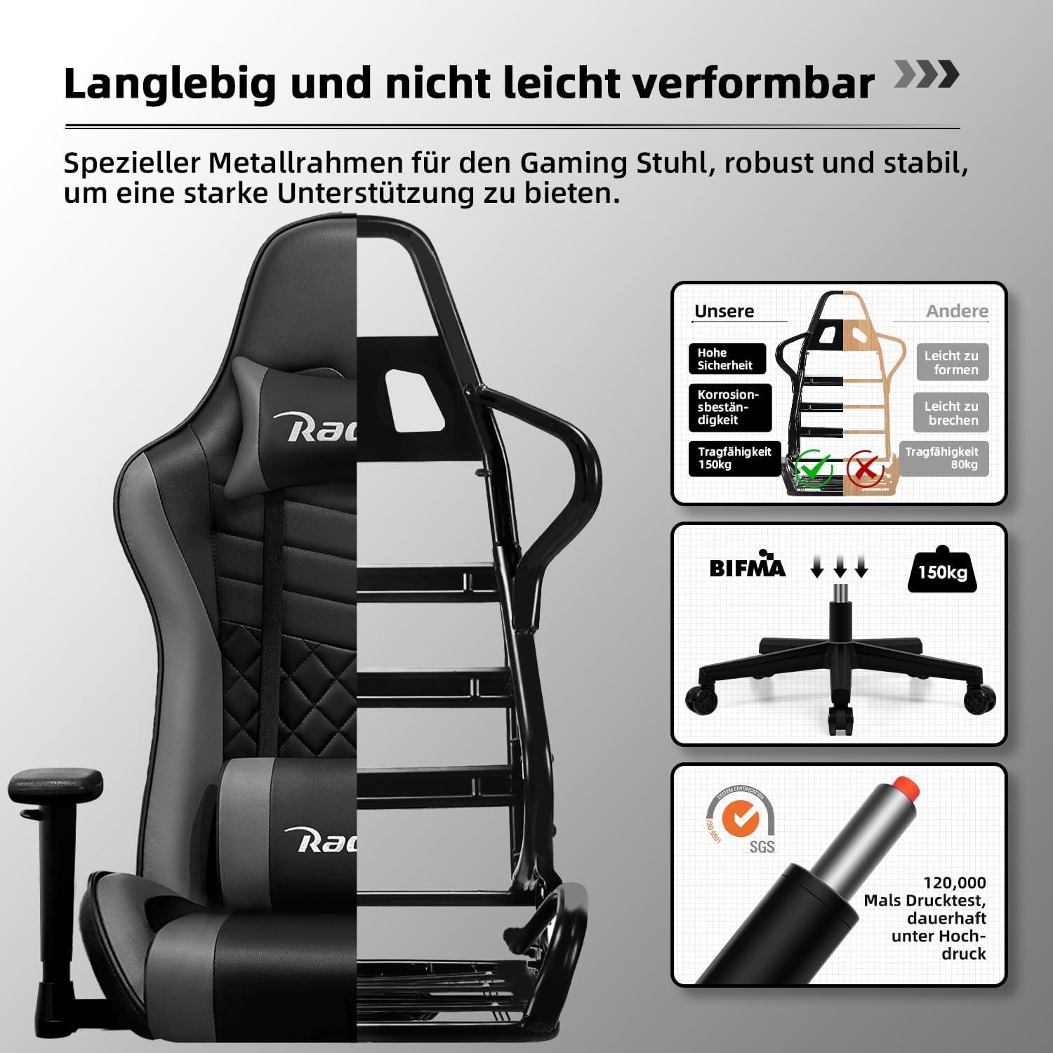 Gaming Stuhl mit Wippfunktion und verstellbaren Kissen, belastbar bis