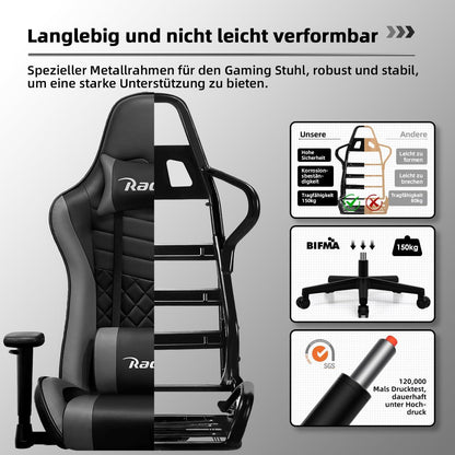 Gaming Stuhl mit Wippfunktion und verstellbaren Kissen, belastbar bis