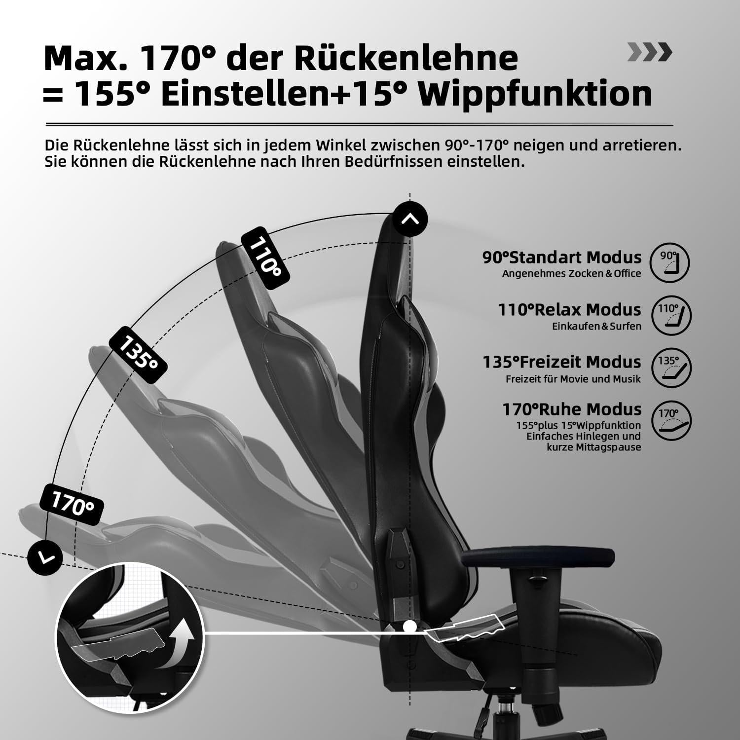 Gaming Stuhl Bürostuhl Wippfunktion 170° verstellbar Lendenkissen Armlehne