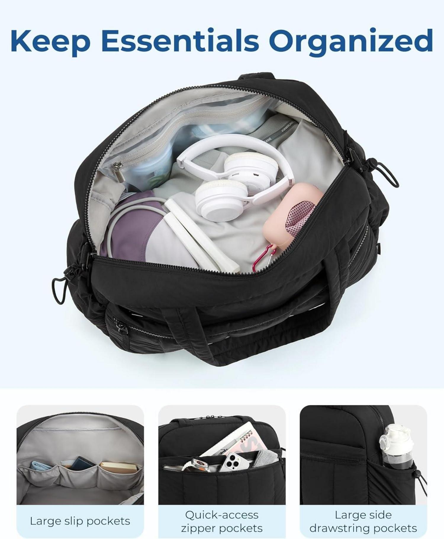 Bagsmart Puffer Reisetasche Damen 24l Schwarz, Wasserabweisend, Handgepäck, Sporttasche