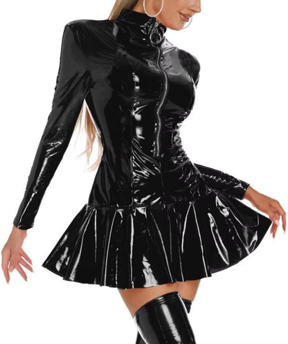 Damen Wetlook Minikleid PU Leder Bodycon V-Ausschnitt XL-XXL