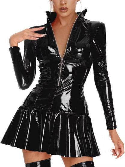 Damen Wetlook Minikleid PU Leder Bodycon V Ausschnitt XL-XXL