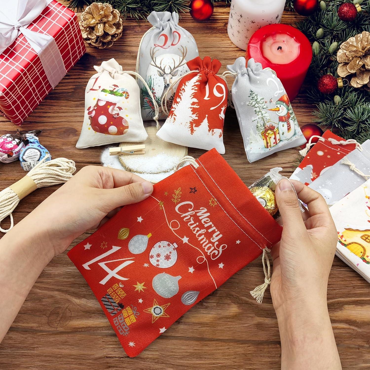 Adventskalender Säckchen zum Selbstbefüllen 24er Set 2024 2 Größen Stoffbeutel Tüten Weihnachtskalender für Kinder Erwachsene