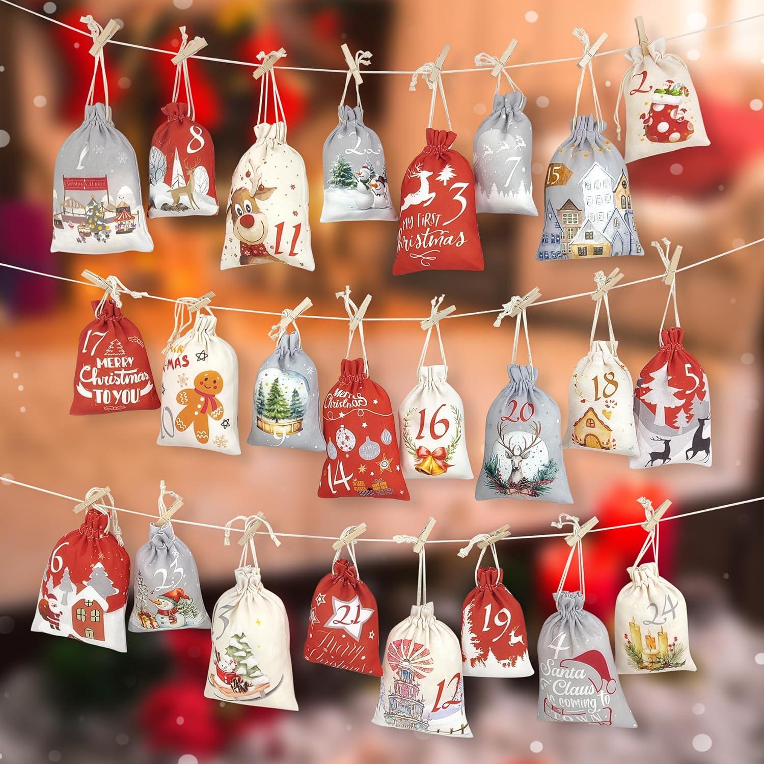 Adventskalender Säckchen Stoffbeutel 24tlg. Weihnachtsmotive Selbstbefüllen