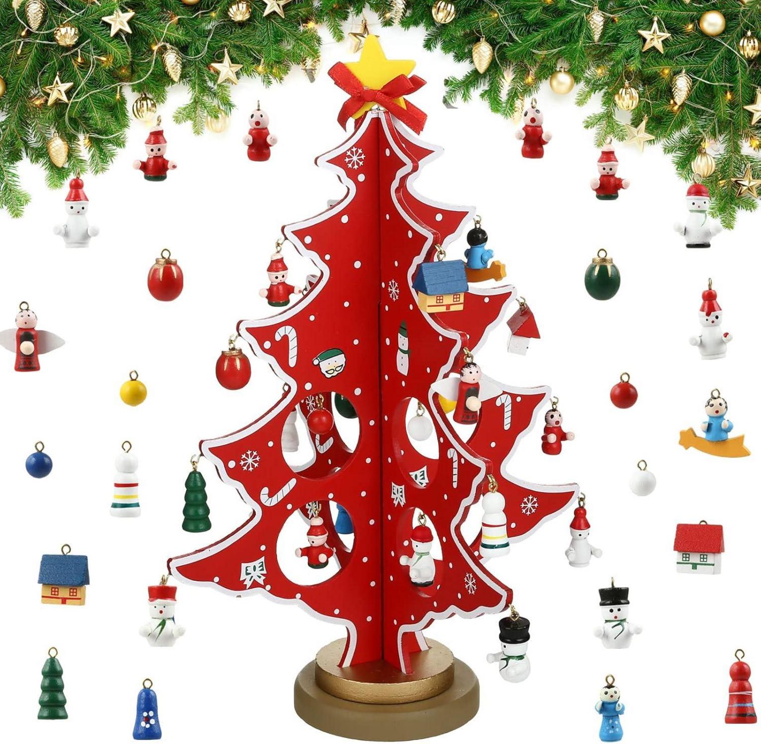Mini Weihnachtsbaum aus Holz mit hängender Dekoration 3D DIY