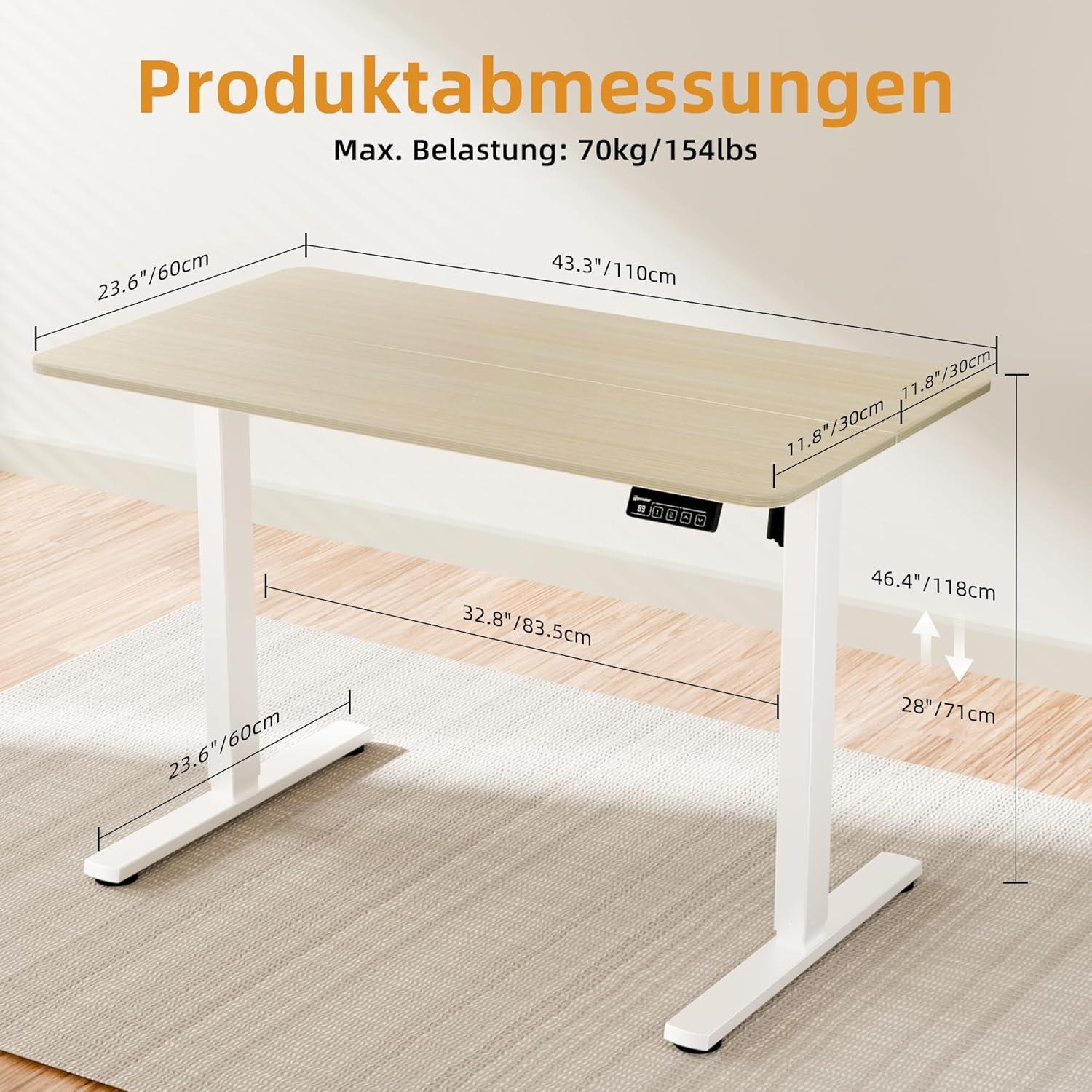 Elektrischer Höhenverstellbarer Schreibtisch 110x60cm Weiß Eiche