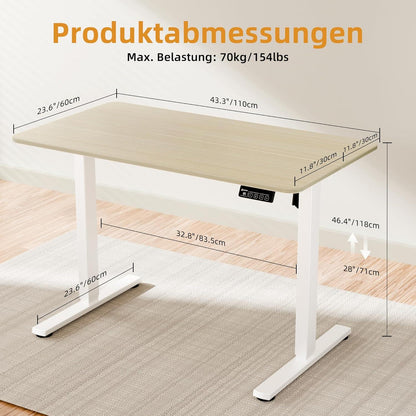 Elektrischer Höhenverstellbarer Schreibtisch 110x60cm Weiß Eiche