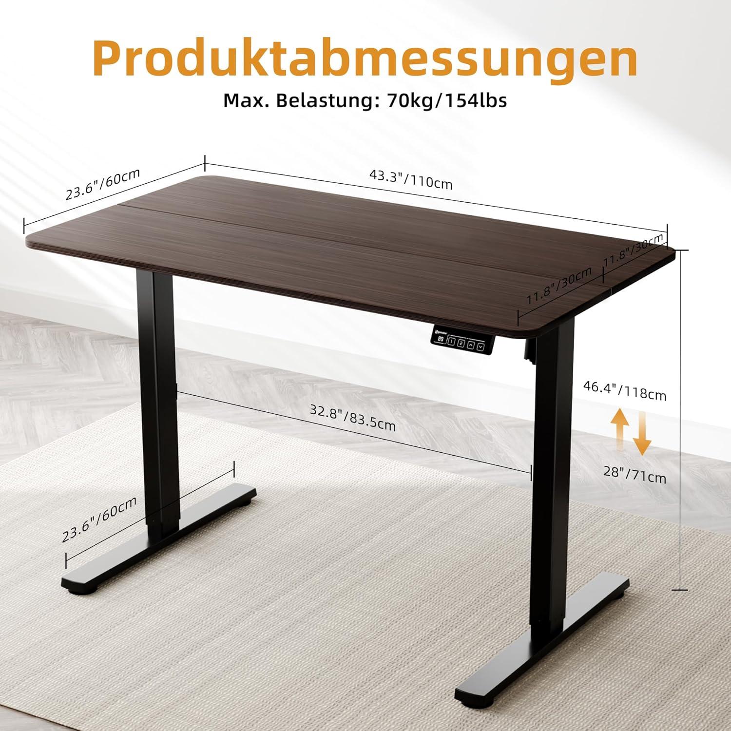 Elektrischer Höhenverstellbarer Schreibtisch 110x60cm Schwarz Walnuss