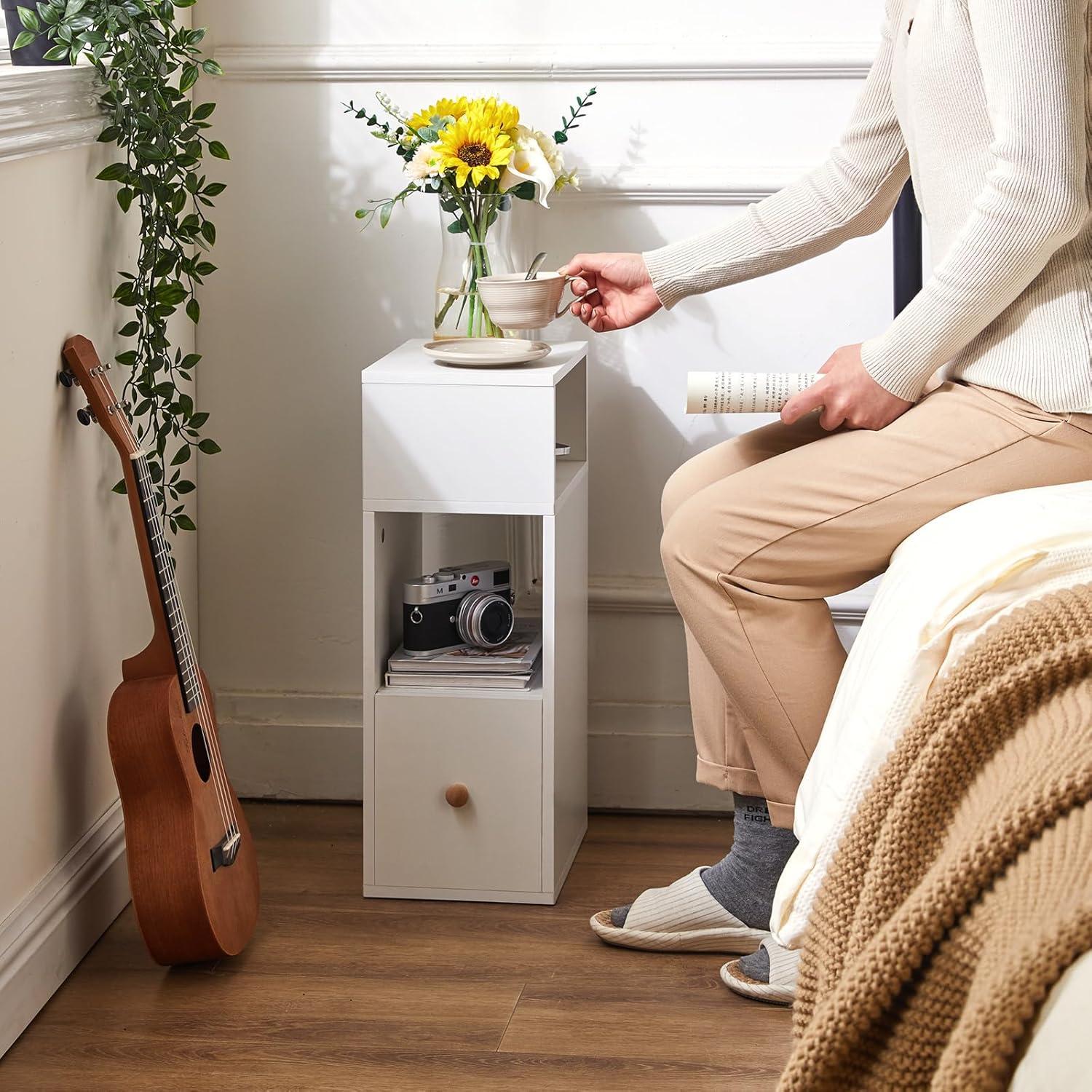 IBUYKE Nachttisch 2er Set Schmal Beistelltisch mit Schublade 2 offene Fächer