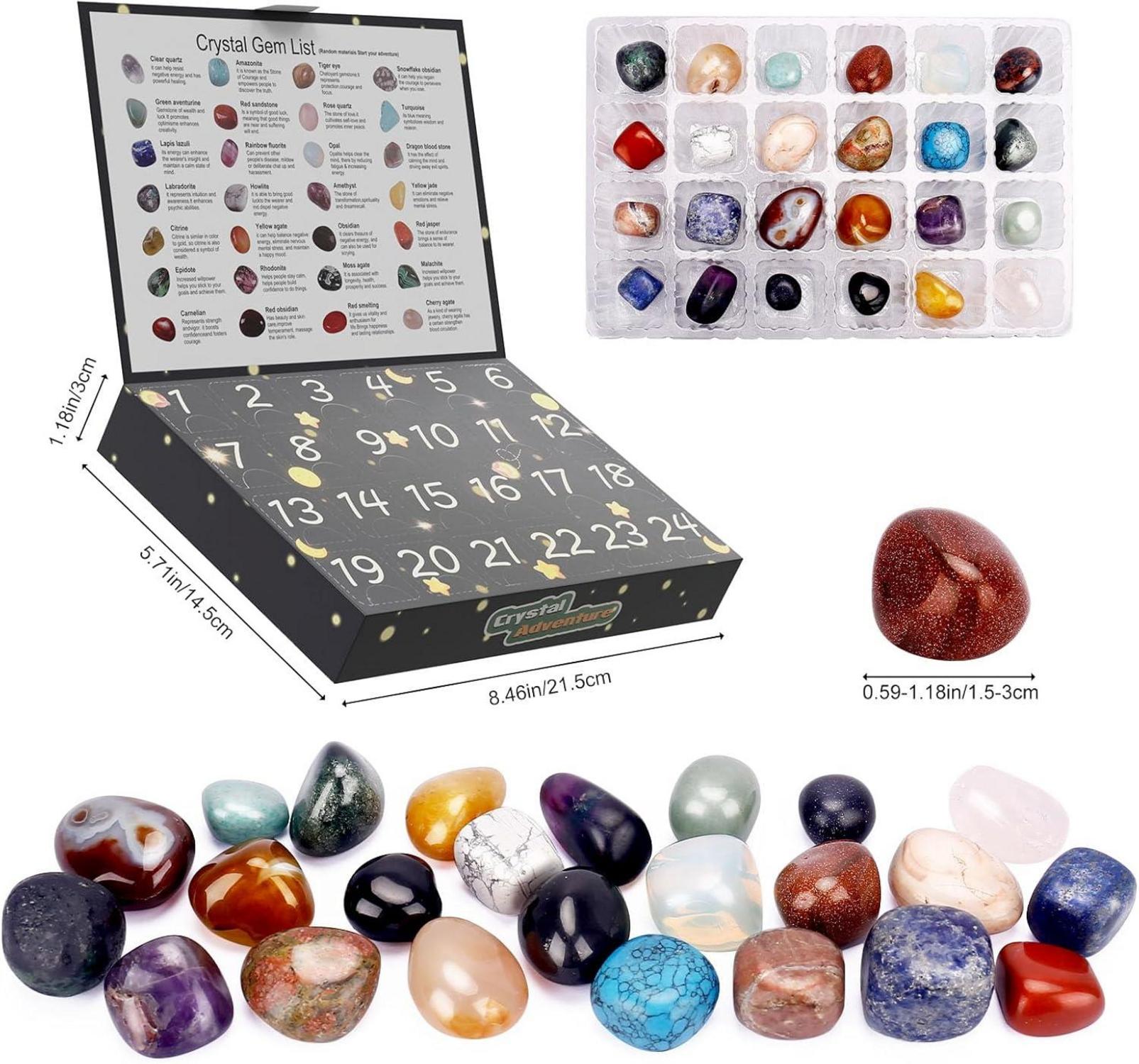 Kristall-Adventskalender 2024 für Kinder, 24 Natürliche Edelsteine Mineralien Weihnachten Calendar