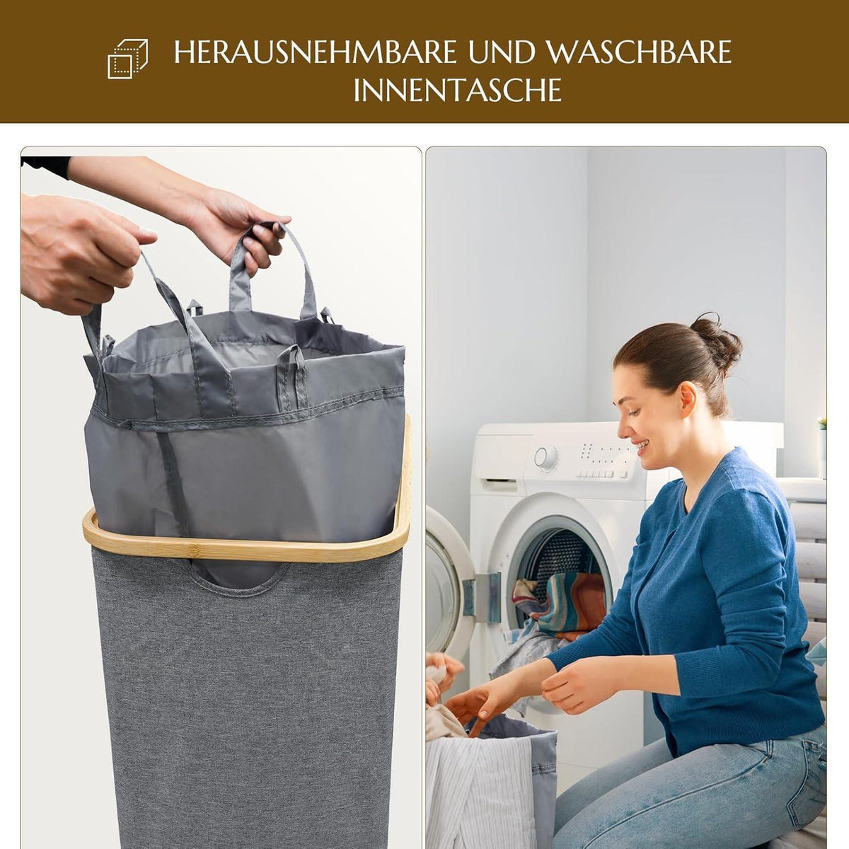 Wäschekorb mit Deckel & Wäschesack – 140L, Grau