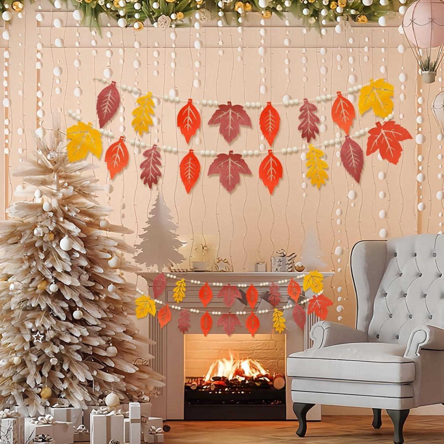 Herbst Girlande Ahornblatt Holzperlen Set 16tlg. Herbstdeko Fenster Hängend